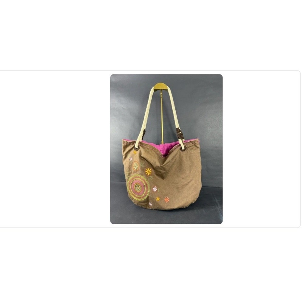 Tommy Hilfiger Boho Hobo Bag 19x13 Brown Canvas Embroidered Floral Pink Lining